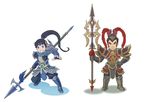  armor black_hair blue_eyes brown_eyes brown_hair character_name fingerless_gloves forehead_protector gauntlets gloves grin headband jarvan_lightshield_iv league_of_legends leg_armor long_hair lu_bu male_focus multiple_boys pauldrons polearm ponytail rt_(ls9645) shin_sangoku_musou smile spear weapon white_background xin_zhao zhao_yun 