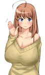  ahoge blue_eyes blush bra_strap breasts brown_hair cleavage collarbone huge_breasts komusou_(jinrikisha) long_hair off_shoulder ooba_minori original shirt simple_background solo sweater taut_clothes taut_shirt waving white_background 