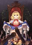  alice_margatroid blonde_hair blue_eyes breasts capelet chair cleavage doll dress greetload hairband lance large_breasts long_hair no_bra no_panties polearm short_hair sitting skirt solo thighhighs touhou weapon 