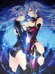  ass bare_shoulders blue_eyes breast_press breasts choujigen_game_neptune cleavage compile_heart highres idea_factory iris_heart looking_at_viewer multiple_girls neptune_(choujigen_game_neptune) neptune_(series) number numbers purple_heart pururut red_eyes thighs yuri 