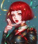 1girl black_eyes bob_cut breasts choker christmas closed_mouth commentary_request finger_gun green_ribbon heart highres looking_at_viewer medium_breasts original portrait red_hair red_lips red_ribbon rena_illusion ribbon solo striped_choker yellow_ribbon 