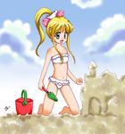  air bikini blonde_hair bucket day frilled_bikini frills green_eyes heppoko_kamijou_akira kamio_misuzu long_hair ponytail sand_castle sand_sculpture shovel solo swimsuit 