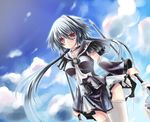  blue_hair cloud copyright_request day long_hair skirt sky socks solo staff thighhighs xephonia 