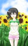  black_hair clannad closed_eyes daiki denim denim_shorts flower happy_state highres shorts solo sunflower sunohara_mei translated twintails 