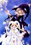  blonde_hair book cape copyright_request dress glasses gloves hat highres minakami_kaori multiple_girls scan shorts staff twintails wand witch witch_hat 