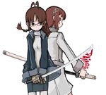  ahoge akizuki_ritsuko amami_haruka antenna_hair back-to-back braid brown_eyes brown_hair glasses idolmaster idolmaster_(classic) idolmaster_1 katana looking_back multiple_girls red_eyes short_hair sword tugeneko weapon 