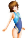  akashi_kaoru arena_(company) bangs brown_hair competition_swimsuit covered_nipples eyeshadow flat_chest highres lips lipstick looking_at_viewer makeup one-piece_swimsuit red_eyes samejima_minoru short_hair simple_background smile solo standing swimsuit zettai_karen_children 