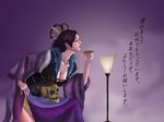  akeome black_hair breasts brown_hair cleavage closed_eyes collarbone from_side happy_new_year japanese_clothes kimono lamp large_breasts long_sleeves new_year ni_daime_bi_chuu_ai nouhime_(sengoku_musou) obi profile sash sengoku_musou sengoku_musou_2 skull solo 