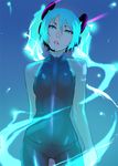  aqua_eyes aqua_hair blue_eyes bodysuit electricity enami_katsumi glowing hatsune_miku headphones headset latex lips lipstick long_hair makeup neon_lights panties skin_tight solo spandex twintails underwear vocaloid 