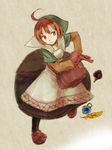  ahoge apron bad_id bad_pixiv_id bag belt bottle brown_hair chemist_(fft) cosplay feathers final_fantasy final_fantasy_tactics gloves green_eyes hood kno_(anahita) long_skirt potion shoes skirt solo 