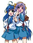  ahoge armband blue_eyes blue_hair blue_sailor_collar cosplay green_eyes hairband hiiragi_kagami hirano_aya izumi_konata kita_high_school_uniform long_hair lucky_star mole mole_under_eye multiple_girls orange_hairband pointing purple_hair sailor_collar school_uniform seiyuu_connection serafuku suzumiya_haruhi suzumiya_haruhi_(cosplay) suzumiya_haruhi_no_yuuutsu takanashi_ringo 