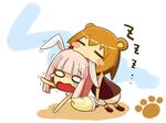  animal_ears artist_request bear_ears bear_girl biting brown_hair bunny_ears head_biting kuma-tan kumatanchi long_hair multiple_girls pink_hair rabi-tan short_hair sleeping tears 