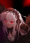  breasts cleavage dress glowing glowing_eyes gucchi hairband long_hair red_eyes rozen_maiden small_breasts solo suigintou white_hair 