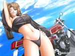  banned_artist bikini brown_eyes brown_hair cigarette crotch_zipper day dutch_angle from_below ground_vehicle hiviki_n'alchemy jacket long_hair md5_mismatch motor_vehicle motorcycle original smoking solo swimsuit tsujidou_shou zipper 