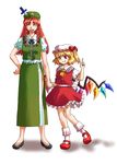  blonde_hair bow braid china_dress chinese_clothes dress flandre_scarlet hair_ribbon hat hat_ribbon holding_hands hong_meiling knife knifed mary_janes mizu_mochi multiple_girls one_side_up red_hair ribbon shoes skirt socks touhou twin_braids v wings 