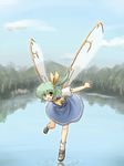  bad_id bad_pixiv_id bow daiyousei dress flying full_body green_eyes green_hair hair_ribbon kakkou lake open_mouth outstretched_arms ponytail reflection ribbon ripples short_hair side_ponytail smile socks solo spread_arms standing standing_on_one_leg touhou water wings 