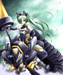  animal_ears bodysuit earrings elbow_gloves fingerless_gloves flat_chest gloves green_eyes green_hair huge_weapon jewelry leaf long_hair mecha mecha_musume pygmalion serizawa_katsumi shinrabanshou solo twintails weapon wind 