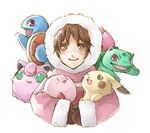  artist_request brown_eyes brown_hair gen_1_pokemon gloves green_eyes hood hug ice_climber ice_climbers ivysaur jigglypuff kirby kirby_(series) lowres nana_(ice_climber) pikachu pokemon pokemon_(creature) red_eyes smile squirtle super_smash_bros. 