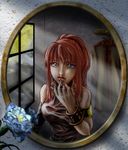  armlet blue_eyes blush bracelet flower hata_en indoors jewelry karin_koenig looking_at_viewer mirror ponytail red_hair reflection shadow_hearts shadow_hearts_ii sidelocks solo tamaki_kazu window 