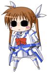  black_eyes blush_stickers brown_hair kemeko_deluxe long_hair lyrical_nanoha magical_girl mahou_shoujo_lyrical_nanoha_strikers parody shibuya_susano simple_background solo takamachi_nanoha twintails white_background 