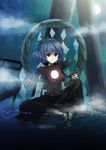  bad_id bad_pixiv_id blue_hair leaf mirror moon nr_(cmnrr) red_eyes rope short_hair solo torii touhou water yasaka_kanako 