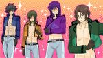  abs allelujah_haptism bad_id bad_pixiv_id belt blush celestial_being_uniform gloves gundam gundam_00 jacket lockon_stratos lyle_dylandy male_focus miso_soup_(artist) multiple_boys muscle setsuna_f_seiei sparkle tieria_erde 