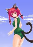 animal_ears bad_id bad_pixiv_id bow braid cat_ears cat_tail fangs hair_ribbon kaenbyou_rin multiple_tails one-piece_swimsuit red_eyes red_hair ribbon school_swimsuit solo sumapan swimsuit tail touhou twin_braids twintails 