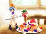  biscuit bisuke-tan blue_hair blueberry cream food food_as_clothes food_themed_hair_ornament fork fruit hair_ornament in_food kfc minigirl orange_eyes oversized_object raspberry short_hair solo strawberry syrup yukiha 