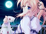  blonde_hair blue_eyes cup hair_ribbon kanojo_tachi_no_ryuugi long_hair miyama-zero moon ribbon shirogane_tobari solo tea teacup teapot 