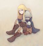  agrias_oaks arm_at_side arm_support armor asame_shinbun bangs blonde_hair blue_eyes boots brown_background brown_footwear brown_pants chin_rest closed_mouth cross-laced_footwear elbow_pads eyebrows_visible_through_hair final_fantasy final_fantasy_tactics full_body invisible_chair josui knee_boots knee_pads lace-up_boots long_hair long_sleeves looking_at_viewer pants shoulder_armor simple_background sitting smile solo spaulders 