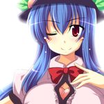  blue_hair breast_padding food fruit hat hinanawi_tenshi leaf long_hair nagami_yuu one_eye_closed peach red_eyes solo touhou 