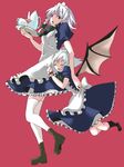  bat_wings bow braid cosplay cup hair_ribbon izayoi_sakuya izayoi_sakuya_(cosplay) maid multiple_girls remilia_scarlet ribbon thighhighs touhou twin_braids white_legwear wings zen_(raspberry) 