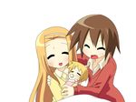  baby baby_carry bad_id bad_pixiv_id brown_hair closed_eyes family fang hujikok if_they_mated ips_cells kusakabe_misao lucky_star minegishi_ayano mother_and_daughter multiple_girls short_hair sweat yuri 