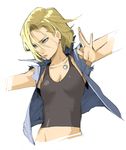  android_18 blonde_hair blue_eyes closed_mouth dragon_ball dragon_ball_z earrings enami_katsumi jewelry midriff necklace short_hair solo tank_top vest white_background 