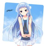  amano_yuu bangs blue_hair blunt_bangs hair_tubes kannagi long_hair nagi pleated_skirt purple_eyes skirt solo white_skirt 