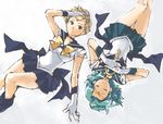  back_bow bishoujo_senshi_sailor_moon black_eyes blonde_hair blue_choker blue_sailor_collar blue_skirt bow choker closed_eyes gloves green_hair kaiou_michiru magical_girl mirror multiple_girls outer_senshi rc sailor_collar sailor_neptune sailor_senshi sailor_senshi_uniform sailor_uranus short_hair skirt ten'ou_haruka tiara very_short_hair yellow_bow 