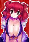  amii bad_id bad_pixiv_id between_breasts breasts cleavage food huge_breasts onozuka_komachi pocky red_hair short_hair solo touhou two_side_up 