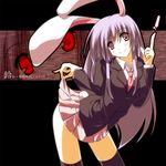  animal_ears bad_id bad_pixiv_id bunny_ears bunny_tail business_suit eyes formal long_hair necktie pointing purple_hair red_eyes reisen_udongein_inaba sakurame skirt skirt_lift skirt_suit smile socks solo suit tail thighhighs touhou zettai_ryouiki zoom_layer 