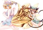  animal_ears ass bad_id bad_pixiv_id barefoot blonde_hair blue_eyes bottomless brown_hair cat_ears cat_tail chen earrings fang fox_tail hat jewelry multiple_girls multiple_tails no_panties sakayaki_(burning_soul) see-through short_hair tail touhou yakumo_ran 