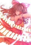  bad_id bad_pixiv_id bow brown_hair detached_sleeves hair_ribbon hakurei_reimu highres kasuga_sunao ofuda one_eye_closed red_eyes ribbon solo touhou 