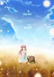  artist_name blue_sky brown_eyes brown_hair clannad day dress field garbage_doll girl_from_the_illusionary_world green_eyes heterochromia highres holding_arm long_hair looking_at_viewer official_art outdoors red_eyes sky standing watermark web_address white_dress xephonia 