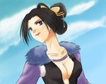  breasts brown_hair cleavage closed_mouth collarbone fur_trim hair_ornament hair_rings hair_stick kanzaki_miyuki_(happypink) large_breasts lips looking_at_viewer lowres nouhime_(sengoku_musou) sengoku_musou sengoku_musou_2 short_hair smirk solo 