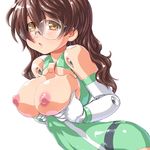  bare_shoulders blush breasts bright_feather brown_eyes brown_hair busou_shinki dd_(ijigendd) doll_joints glasses gloves green_leotard large_breasts leotard long_hair looking_at_viewer nipples puffy_nipples simple_background solo white_background 