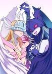  angel angel_and_devil angel_wings angewomon aosa_(momikin) black_wings blue_hair breasts chain cleavage demon_girl digimon digimon_world_re:digitize fingernails gloves hagoromo helmet highres holding_hands ladydevimon long_fingernails mask medium_breasts multiple_girls open_mouth pale_skin parted_lips red_eyes shawl skull torn_wings white_gloves winged_helmet wings yuri 