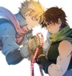  blonde_hair blue_eyes blue_jacket brown_hair caesar_anthonio_zeppeli crying facial_mark feathers fingerless_gloves ghost gloves green_eyes hair_feathers jacket jojo_no_kimyou_na_bouken joseph_joestar_(young) mika_(1020mk) multiple_boys ribbon scarf spoilers tears 