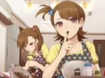  apron bowl brown_eyes brown_hair chocolate finger_to_mouth flipped_hair futami_ami futami_mami hair_ornament heart heart_hair_ornament heart_print hitoto idolmaster idolmaster_(classic) long_hair mixing_bowl multiple_girls revision short_hair siblings side_ponytail sisters skull squiggle sweat symbol-shaped_pupils tasting twins whisk 