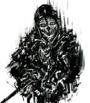  cloak corvo_attano dishonored hood hooded_cloak knife looking_at_viewer mask merpperoni monster simple_background white_background 
