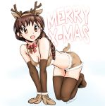  1girl animal_costume animal_ears antlers bell bell_collar blush bra braid breasts brown_bra brown_eyes brown_hair brown_legwear christmas cleavage collar girls_und_panzer gloves highres looking_at_viewer medium_breasts open_mouth ponytail reindeer_antlers reindeer_costume reindeer_ears rukuriri simple_background smile solo tail thighhighs underwear white_background 