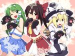  ;d black_hair blonde_hair blush bow braid brown_eyes cat_paws detached_sleeves frog_hair_ornament green_eyes green_hair hair_bow hair_ornament hair_tubes hakurei_reimu hat hat_bow kemonomimi_mode kirisame_marisa kochiya_sanae leon_(mikiri_hassha) long_hair multiple_girls navel one_eye_closed open_mouth paws ponytail single_braid skirt smile sweatdrop touhou white_bow witch_hat yellow_eyes 