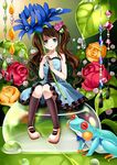  blue_eyes brown_hair chico907 dew_drop dress flower frog hair_flower hair_ornament highres jewelry long_hair minigirl original rose sitting solo twintails water water_drop 